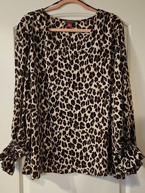 Leopard Print Long-Sleeve V-Neck Tunic - Beige/Brown